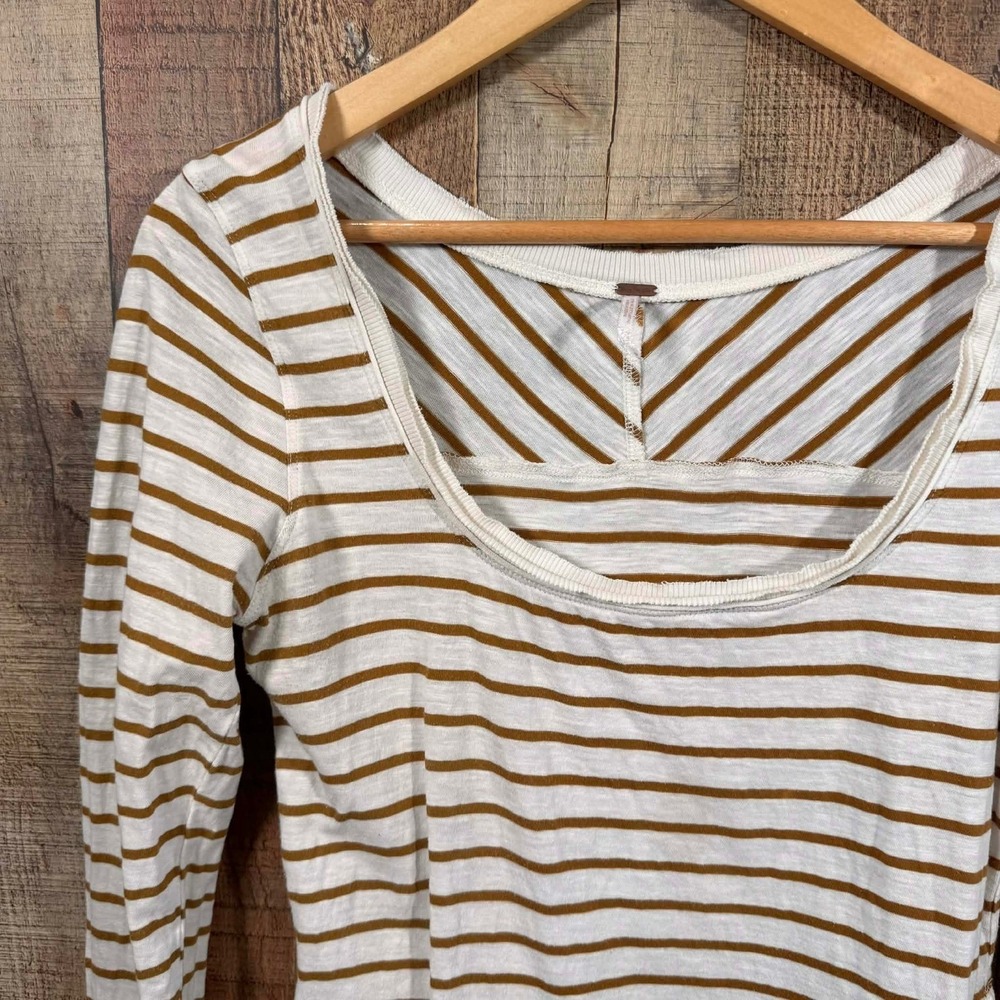 Free People Striped Long Sleeve Top Medium Beaded Lace Cuff Boho Layered Tee - Picture 2 of 5